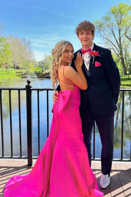 Fuchsia Mermaid Long Satin V-Neck Formal Prom Dresses with Bow