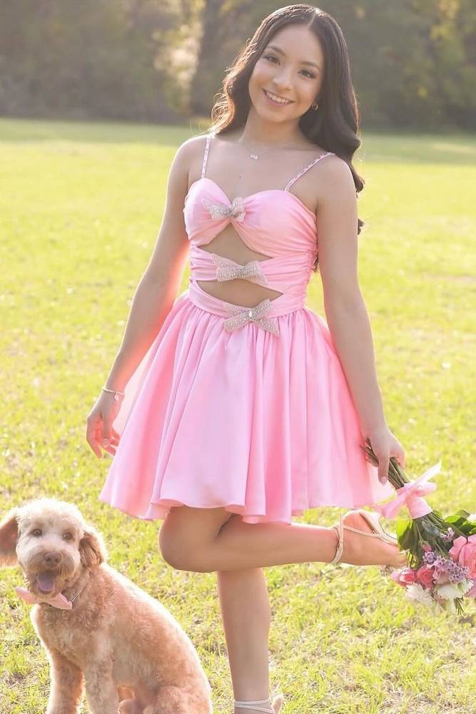 Pink Short A-Line Spaghetti Straps Satin Homecoming Dresses