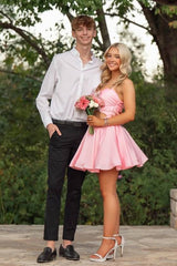 Pink Short A-Line Spaghetti Straps Satin Homecoming Dresses