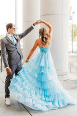 Blue Strapless Mermaid Sequined Tulle Prom Dresses with Train