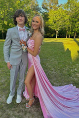 Pink Strapless V-Neck Long Mermaid Satin Prom Dresses with Slit