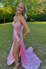 Pink Strapless V-Neck Long Mermaid Satin Prom Dresses with Slit