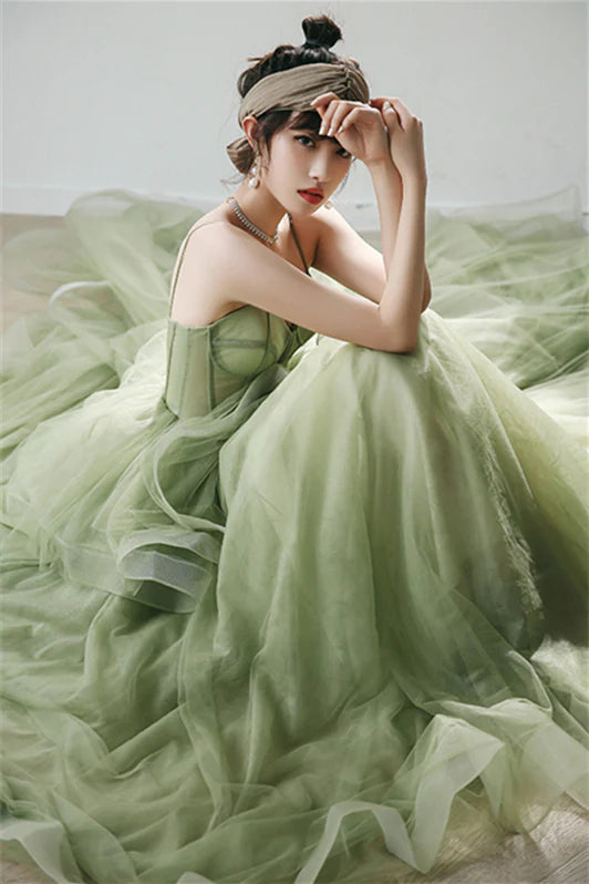 Sage Spaghetti Straps Sweetheart A-Line Tulle Prom Dresses