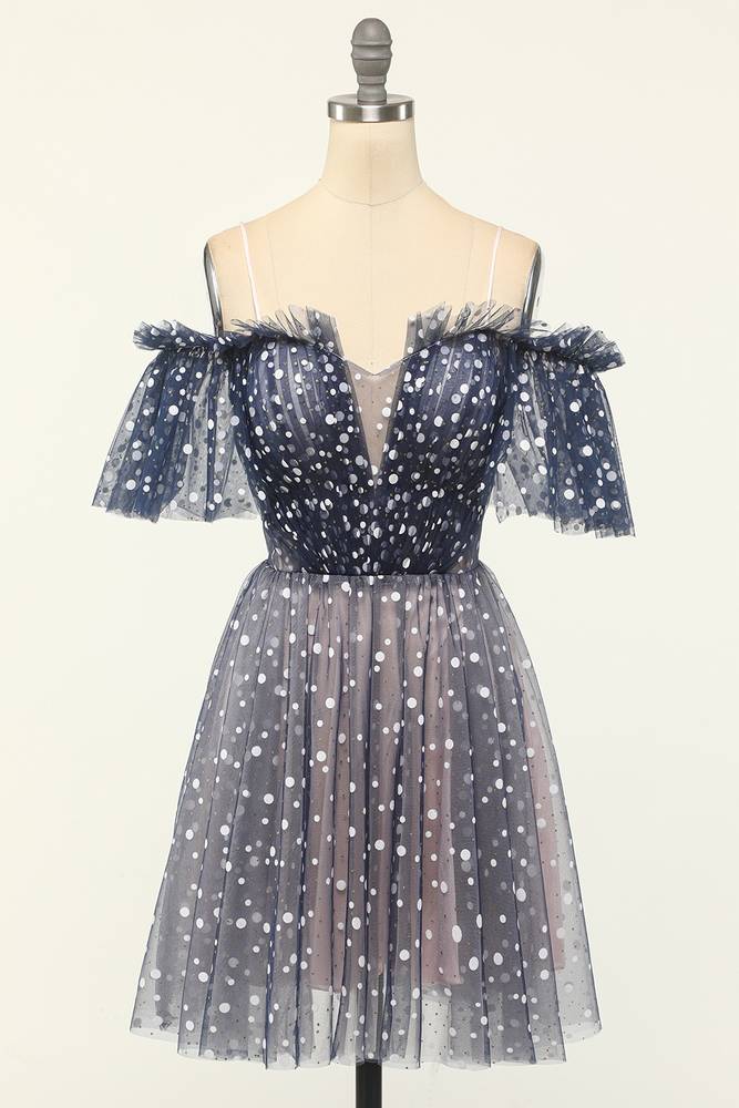 Dark Navy Trendy Off-The-Shoulder Short Homecoming Dresses