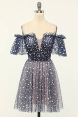 Dark Navy Trendy Off-The-Shoulder Short Homecoming Dresses